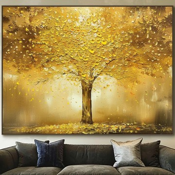 Landscapes Painting - Original Gold Oil Painting Treasure Tree Lucky office decor autumn scenery fallen leaves